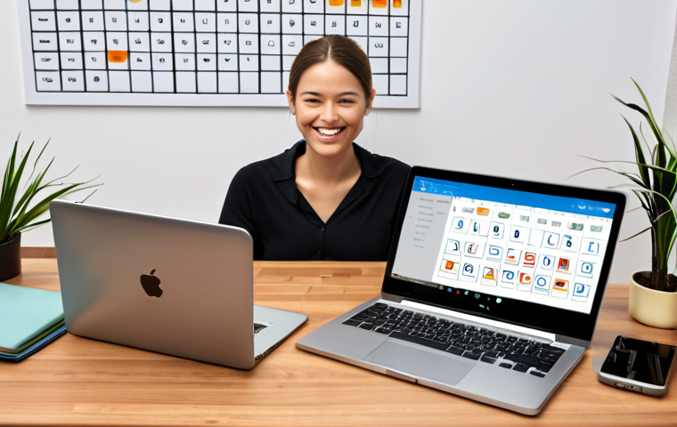 **
Prompt: "A person smiling and relaxed, surrounded by glowing digital devices (laptop, tablet, phone) that are neatly organized with icons representing password managers, task lists, and calendars. The background is a clean, modern workspace. Focus on the feeling of calm and control."
**