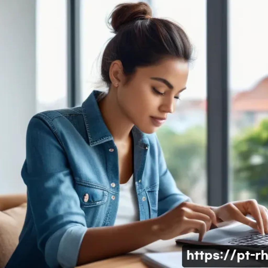 효과적인 인터넷 자료 검색 팁 - A modern, cozy home office setting with a young professional woman researching on a sleek laptop, su...