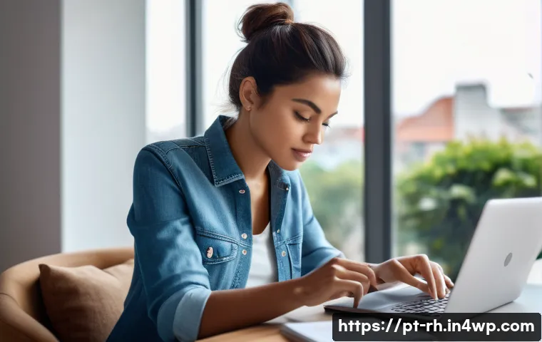 효과적인 인터넷 자료 검색 팁 - A modern, cozy home office setting with a young professional woman researching on a sleek laptop, su...
