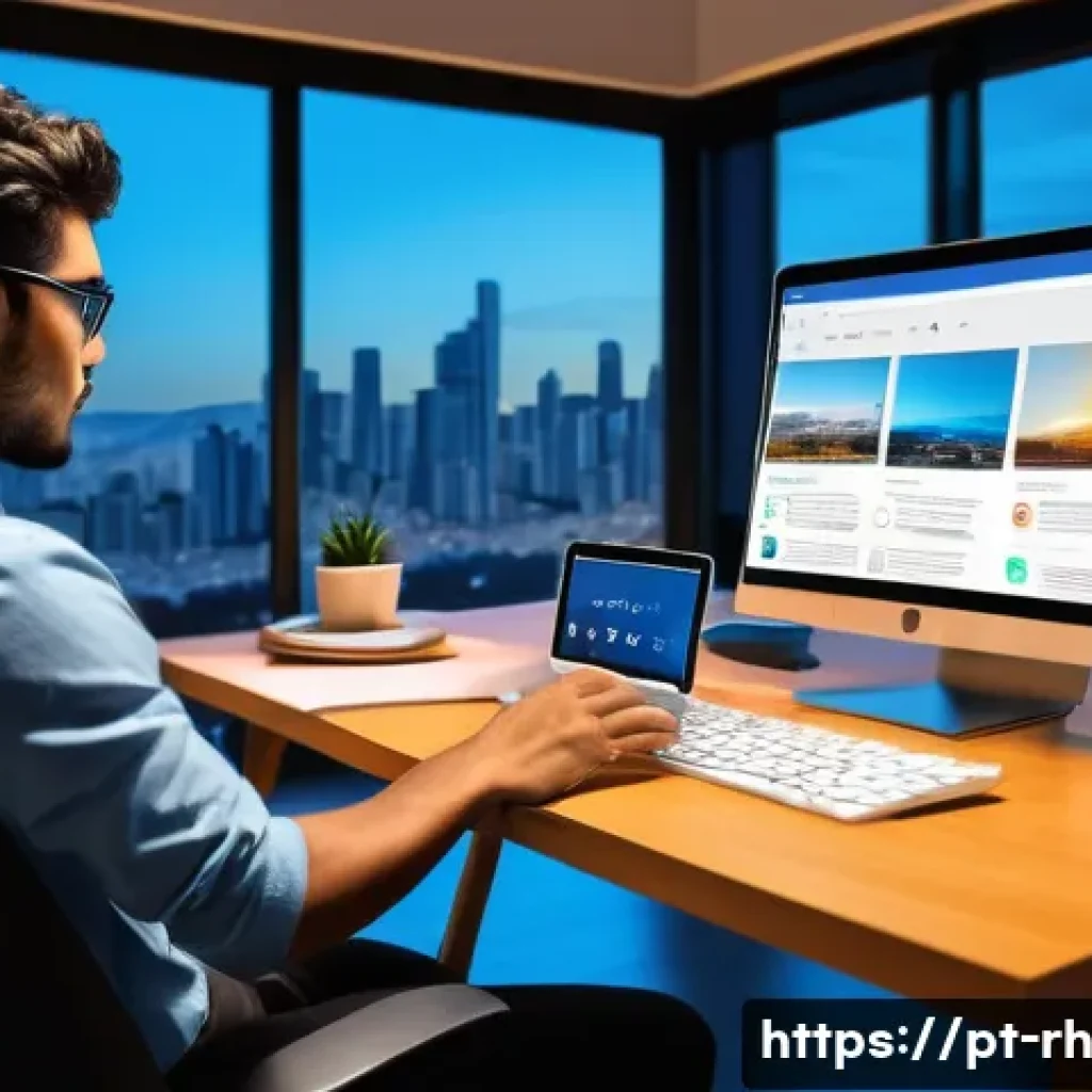 온라인 자료 공유 플랫폼 소개 - A modern, bright home office setting featuring a young Brazilian professional using a laptop with Go...