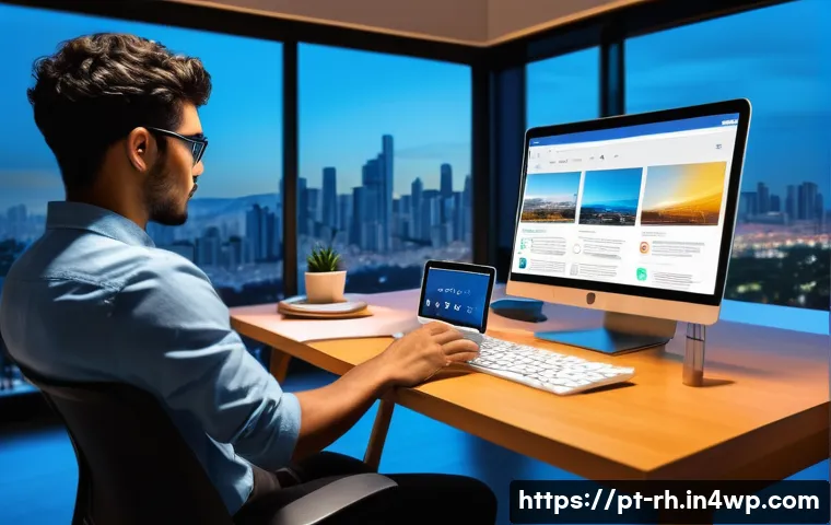 온라인 자료 공유 플랫폼 소개 - A modern, bright home office setting featuring a young Brazilian professional using a laptop with Go...