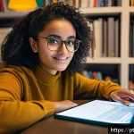 Home 21 온라인 자원 활용에 대한 심층 분석 - A vibrant digital learning environment showing a young adult woman studying at home with a laptop op...