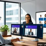 Home 20 온라인 자원 활용의 미래 전망 - A modern digital workspace scene showing a diverse team of professionals collaborating remotely via ...