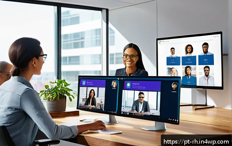 온라인 자원 활용의 미래 전망 - A modern digital workspace scene showing a diverse team of professionals collaborating remotely via ...