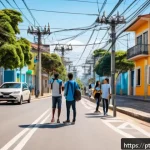 Home 19 기술을 활용한 온라인 자원 접근법 - A modern Brazilian urban neighborhood with diverse people using smartphones and laptops outdoors, vi...