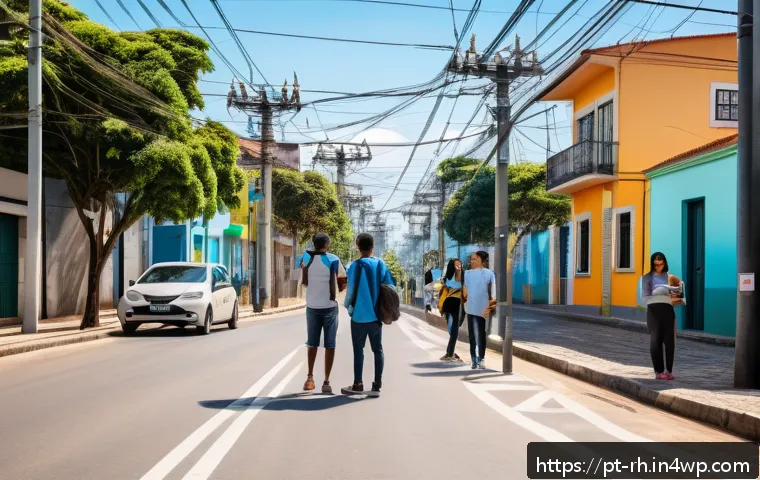 기술을 활용한 온라인 자원 접근법 - A modern Brazilian urban neighborhood with diverse people using smartphones and laptops outdoors, vi...